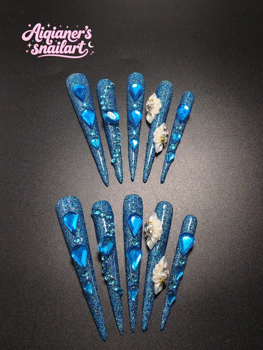 Each Set Consists Of 10 Pieces Of Handmade Acrylic Nail Plates For Y2K Stiletto Heels, Designed In French Style With Many Rhinestones And Petal Decorations, Available In Multiple Tones And Nude Colors. 3 Sizes To Fit, Suitable For Parties, Dances, And Daily Wear, Comes With A Nail Kit, Making It An Ideal Press On Nails Gift For Ladies And Girls. - Multicolor - View 1