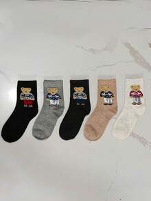 5 Pairs Autumn/Winter Cute Cartoon Bear Soft Warm Mid-Calf Slouch Socks, Sweet Preppy Style, Random Assortment - Multicolor - View 5
