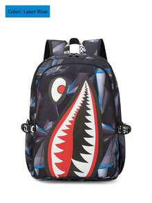 Nueva mochila con estampado de dinero, camuflaje y boca de tiburón, material compuesto suave, ligera, resistente al agua, ideal para estudiantes universitarios en la temporada de regreso a clases, con gran capacidad y diseño minimalista ergonómico, bolsa para laptop (todos los estampados de las correas y letras son aleatorios), mochila escolar, útiles escolares - Multicolor - Ver 12