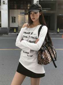 Unique Asymmetrical White Shoulder Strap Casual Long Sleeve T-Shirt, Early Autumn New Style For Fashionable Women - White - View 2