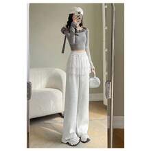 2025 Spring/Summer New Arrivals: Women's Lace Mesh Patchwork Wide Leg Pants, Loose Fit, Lazy Straight Pants, Perfect For Everyday Casual Wear, Spring/Summer Women's Fashion Bottoms - 白灰色 - 查看 7