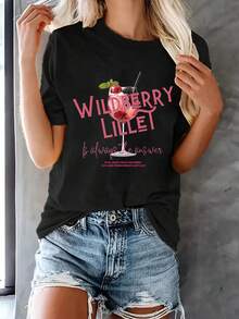 Camiseta con estampado gráfico WILDBERRY LILLET, manga corta, cuello redondo, top casual para verano y primavera, ropa de mujer - Negro - Ver 6
