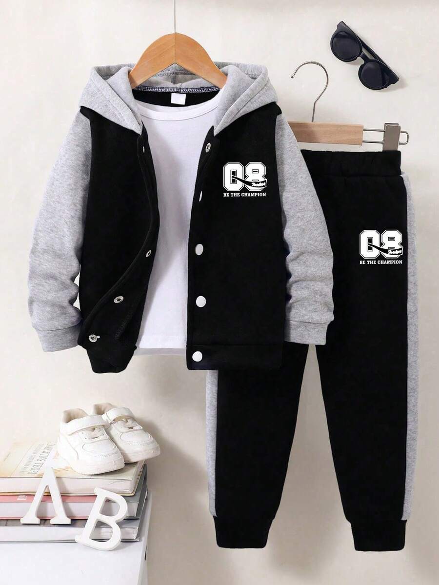 Young Boy Letter Print Hooded Collar Long Sleeve Baseball Jacket And Pants Set - Black - View 1