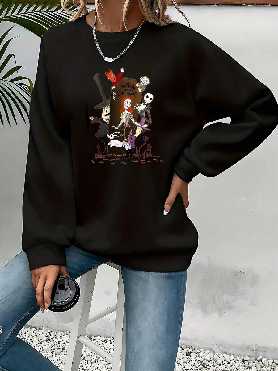 Nightmare Before Christmas Women's Sweatshirt - Tim Inspired  & Sally Graphic, Cozy Round Neck Pullover For Fall Winter, Casual & Themed Events, Machine Washable (Officially Licensed), Home Comfort Wear, Winter Outfit, Cartoon Print, Durable Material, Soft Fabric, Crewneck Top, Licensed Apparel, Halloween Lovers - 黑色 - 查看 1
