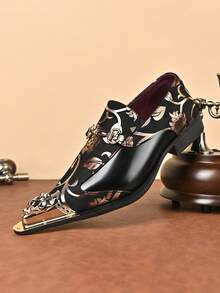 1 Đôi giày lười nam đế cao su họa tiết hoa trang trí kim loại, chất liệu da PU, thời trang dự tiệc thanh lịch - màu đen - Xem 2
