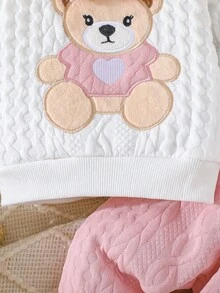 Newborn Baby Girls Cute Bear & Bow Flocked Embroidered Long Sleeve Top And Contrast Color Simple Long Pants 2 Pieces Outfit