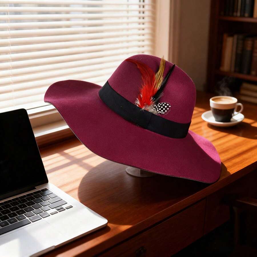 Women's Feather Floppy Hats Elegant Classic Wide Brim Bowler Caps For Outdoor Vacation - Burgundy - View 1