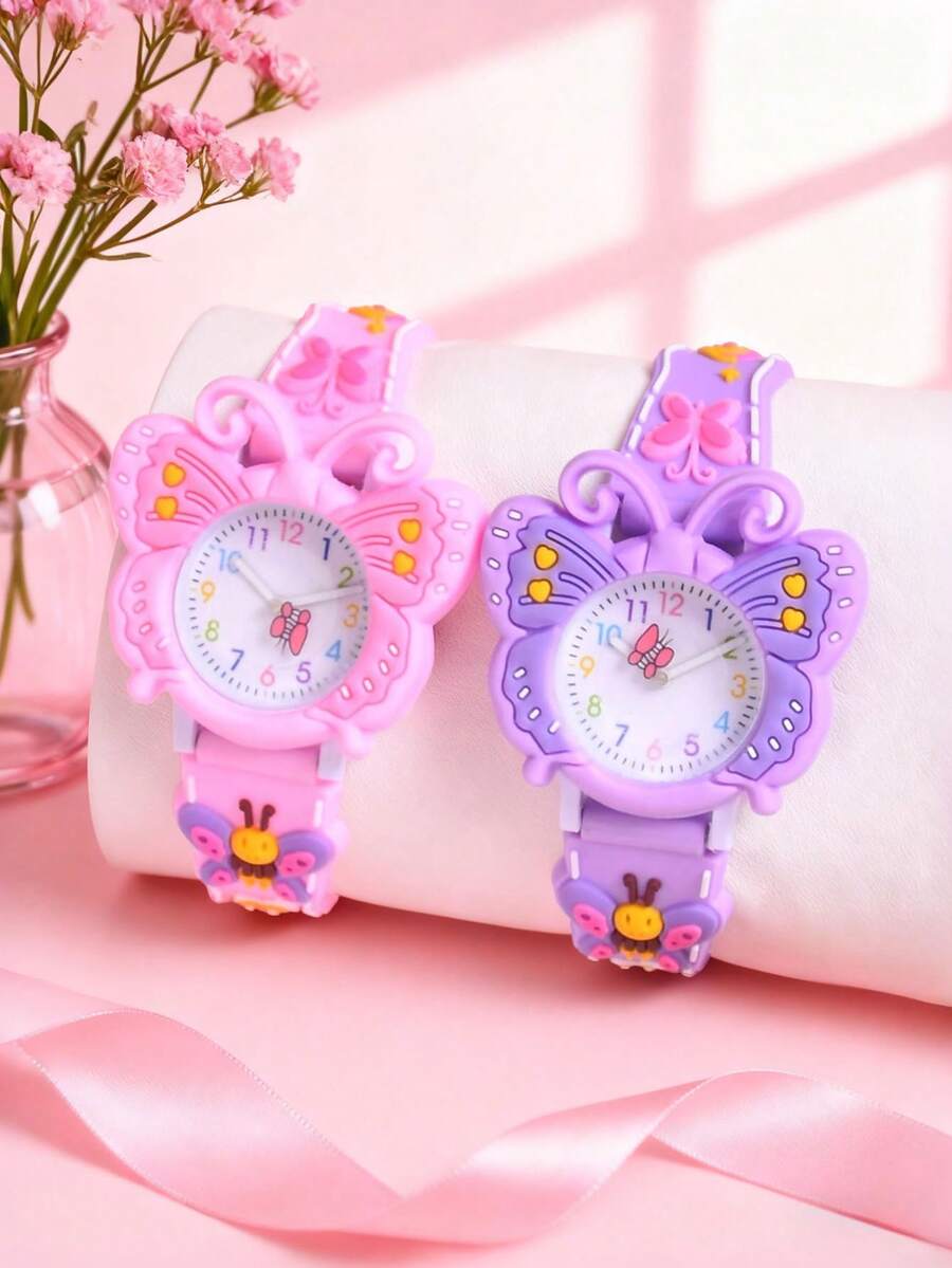 2pcs/Set Girls 3D Butterfly Soft Silicone Band Pointer Watch, Student Creative Rotating Butterfly Pointer Quartz Wrist Watch