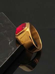 1枚高品质316不锈钢镀金戒指，镶嵌红色宝石，男女皆宜 - 紅色 - 查看 7