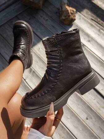 女士圆头侧拉链时尚中筒靴，保暖内里，新款冬靴，毛绒靴