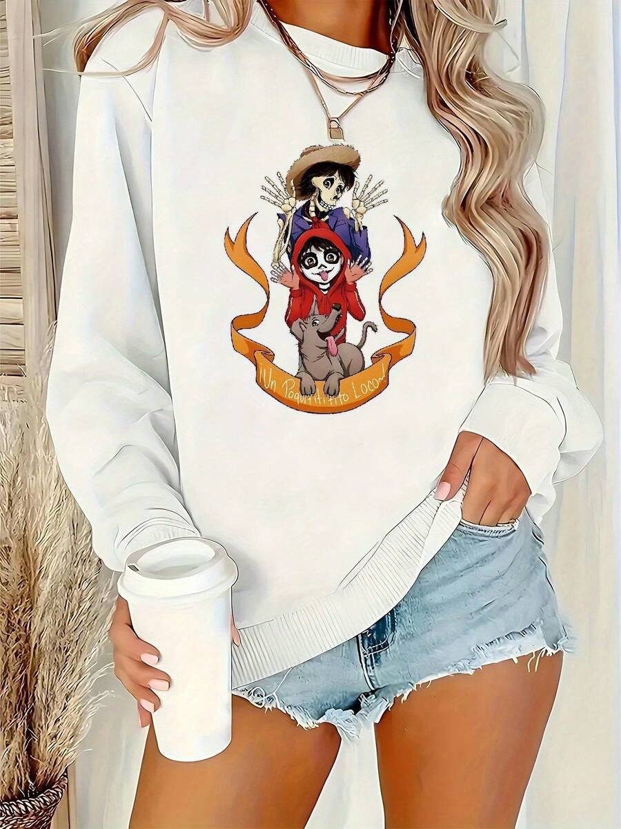 Nightmare Before Christmas Women's Sweatshirt - Tim Inspired Gothic Design With Jack Skellington & Sally Graphic, Cozy Round Neck Long Sleeve Pullover For Fall/Winter, Casual & Themed Events, Officially Licensed, Machine Washable, Soft Comfortable Fabric For Home, Work, Or Shopping, Featuring Beloved Characters From The Movie - 白色 - 查看 1