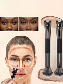 1pc 2-In-1 Blush Brush, Contour Makeup Brush, U-Shaped Nose Contour Brush, Highlighter Brush - Black - View 2