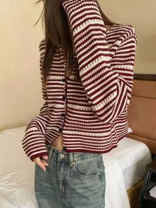 女款秋冬韓式休閒紅白條紋拼接鏤空針織開襟衫，時尚設計，寬鬆休閒，秋季 - 紅色 - 查看 3