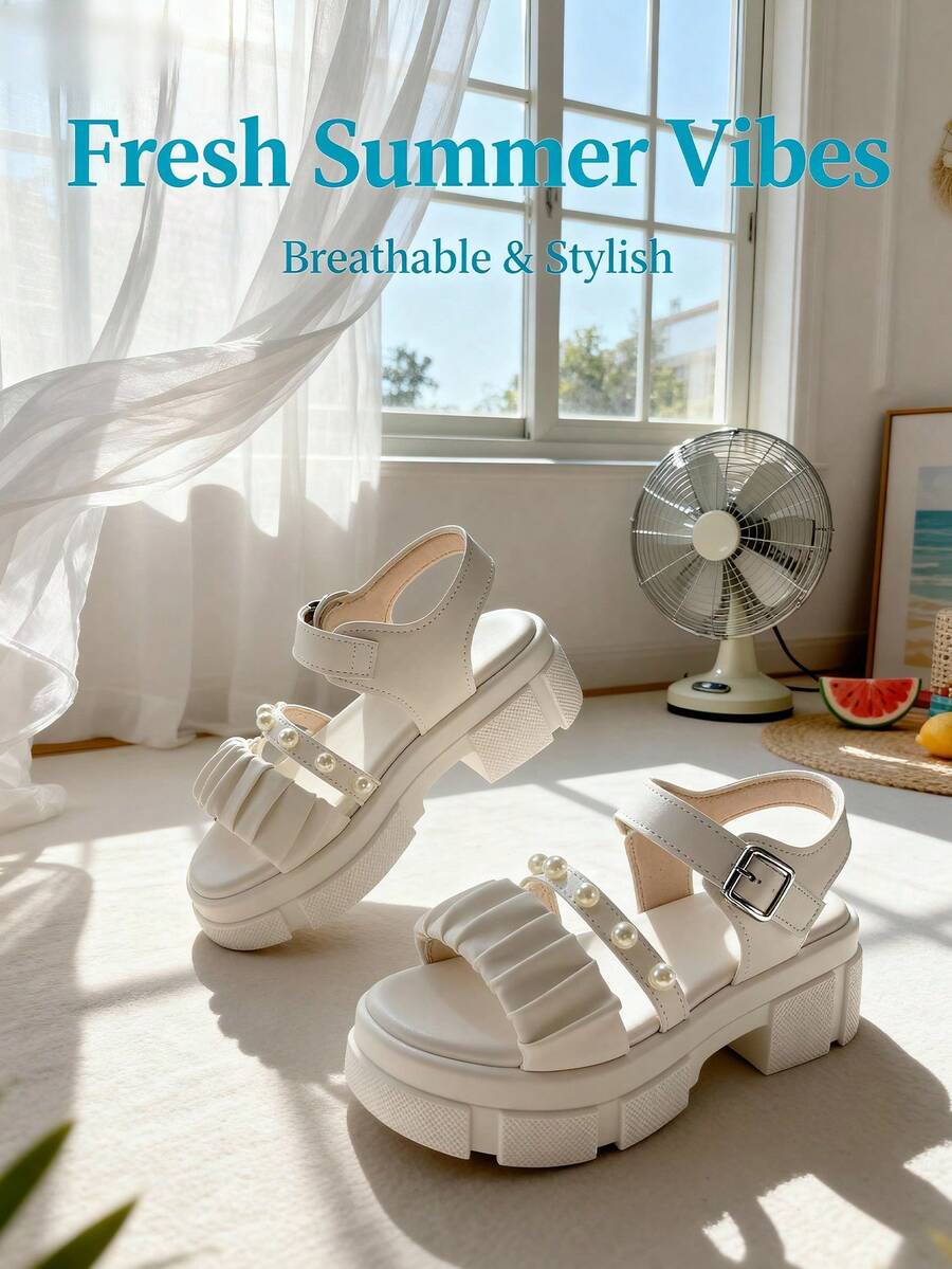 1 Pair Fashion Kids High Heel Sandals, Girls High Heel Sandals, Soft Thick Sole, Casual Party Wedding Sandals, Daily Casual Wear, Beach Sandals, Elementary School Summer Sandals - Beige - View 1