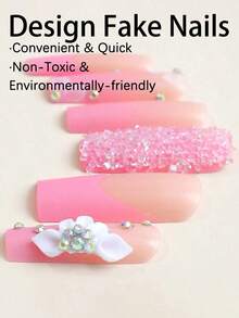 24Pcs Long Square Press On Nails White French 3D Butterfly Rhinestone Embellishments With Camellia Flower Fake Nails White Gradient False Nails For Women And Girls Nail Supplies Nails-Halloween,Christmas,Fall,Winter, Supplies, EZBU - 多色 2 - 查看 3