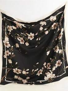 1条女士缎面光滑腰果图案印花大围巾，适合度假、外出和日常穿着 - 花朵黑色 - 查看 2