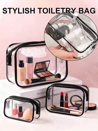 Detta snygga necessärset i 4 delar/1 delar har ett transparent, synligt EVA-material, en sminkväska med dragkedja, en förvaring för sminkborstar och en förvaring för hudvårdsprodukter. Perfekt för resor, skolstart, strandsemestrar och som handbagage på flygplan. En lämplig present till både män och kvinnor.