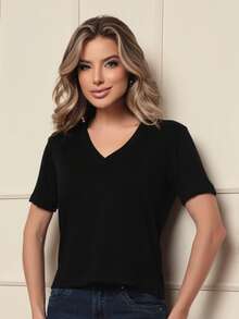 Women's Viscose/Lycra Blouse With Short Sleeves And V-Neck - Comfortable Fabric - 黑色 - 查看 2