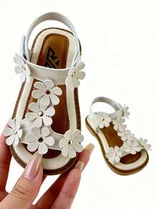 2024 Summer New Girls Princess Style Sweet 3D Floral Hook And Loop Sandals, White Faux Leather Open Toe Soft Bottom Sandals, Essential For Daily Wear, Campus, Party, Beach Vacation, Popular Trending Children Princess Sandals, Fashion Design Kids Sandals, Soft Bottom Won't Rub Feet, Ideal Holiday Gift - 米色 - 查看 6