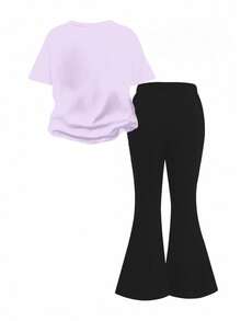 Young Girls Cartoon Print Short Sleeve T-Shirt And Skinny Flared Pants - Purple - View 2