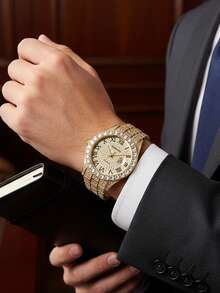 1pc Men's Gold Steel Band Fashion Rhinestone Hip Hop Style Casual Quartz Wrist Watch, Suitable For European And American Youth And Students - one-size - View 5