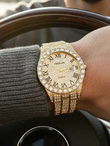 1pc Men's Gold Steel Band Fashion Rhinestone Hip Hop Style Casual Quartz Wrist Watch, Suitable For European And American Youth And Students - one-size - View 6