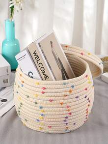 1pc/2pcs Dotted Rope Woven Storage Basket With Lid, Desktop Organizer Box, Key And Miscellaneous Items Storage Box, Home Decor - Multicolor - View 3