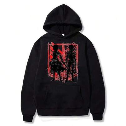 AttackS-On-Titan-Mikasa-&-Eren Printed Hoodie For Men And Women Unisex Vintage Hoodie With Pockets Long Sleeves Casual Top Graphic Hoodie For Men And Women Fun Hoodie Streetwear Spring Autumn And Winter For Men And Women, Custom Casual Printed Hoodies For Men And Women With Pockets, Warm And Comfortable Long Sleeve Cotton Hoodies For Autumn And Winter, Black Hoodies With Japanese Anime Designs, Urban Style Hoodies For Parties/Christmas/New Year, Couple Hoodies, Matching Style Hoodies For Men And Women For Parties/Christmas/New Year.