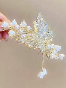 铃兰与蝴蝶花优雅大号发夹，超大号发夹，适合浓密头发，女士优雅发饰 - 鈴蘭花蝴蝶 - 查看 3