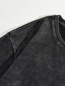 Men's Washed Black Short Sleeve T-Shirt, Vintage Dark Tone Minimalist Dystopian Style, Suitable For Casual Wear, School And Daily Life - Black - View 4