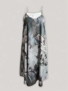 女士加大码优雅V领羽毛印花无袖连衣裙搭配七分袖雪纺开衫两件套，适合春、夏、秋季度假穿着 - 銀色 - 查看 4