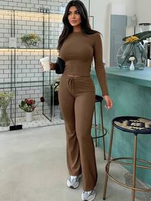 女士时尚短款长袖上衣搭配系带喇叭裤运动套装，秋季 - 棕色 - 查看 4