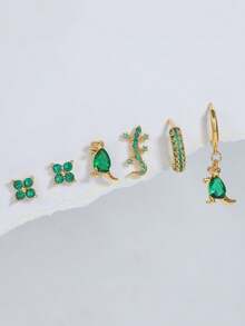 6pcs Creative Green Micro-Inlaid Zirconia Dinosaur Animal Stud Earrings, Minimalist & Fashionable, Versatile