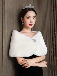 1. Solid Color Faux Fur Shawl, Autumn/Winter Warm Fluffy Scarf, Plus Size Bridal Party Wrap, Suitable For Daily Wear, Weddings, Banquets, Events - A - View 11