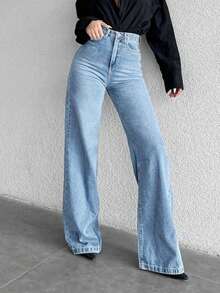 女士时尚复古宽松阔腿牛仔裤 - 淺色 - 查看 3