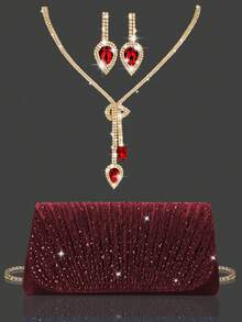 闪亮水钻翻盖晚宴包，优雅褶皱手拿包，适合派对，附赠3件套水钻首饰——吊坠项链和耳环，适合派对、晚宴、聚会、舞会、婚礼和其他场合。 - 酒紅色 - 查看 2