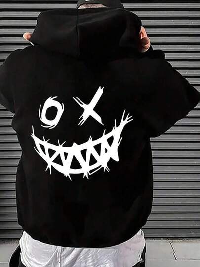 Manfinity Dauomo Men's Hoodie With Cartoon Design On The Pocket, For Autumn, Custom Casual Printed Hoodies For Men And Women With Pockets, Warm And Comfortable Long-Sleeved Cotton Hoodies For Autumn And Winter, Black Hoodies With Japanese Anime Designs, Urban Style Hoodies For Parties/Christmas/New Year, Hoodies For Couples, Matching Style Hoodies For Men And Women For Parties/Christmas/New Year.