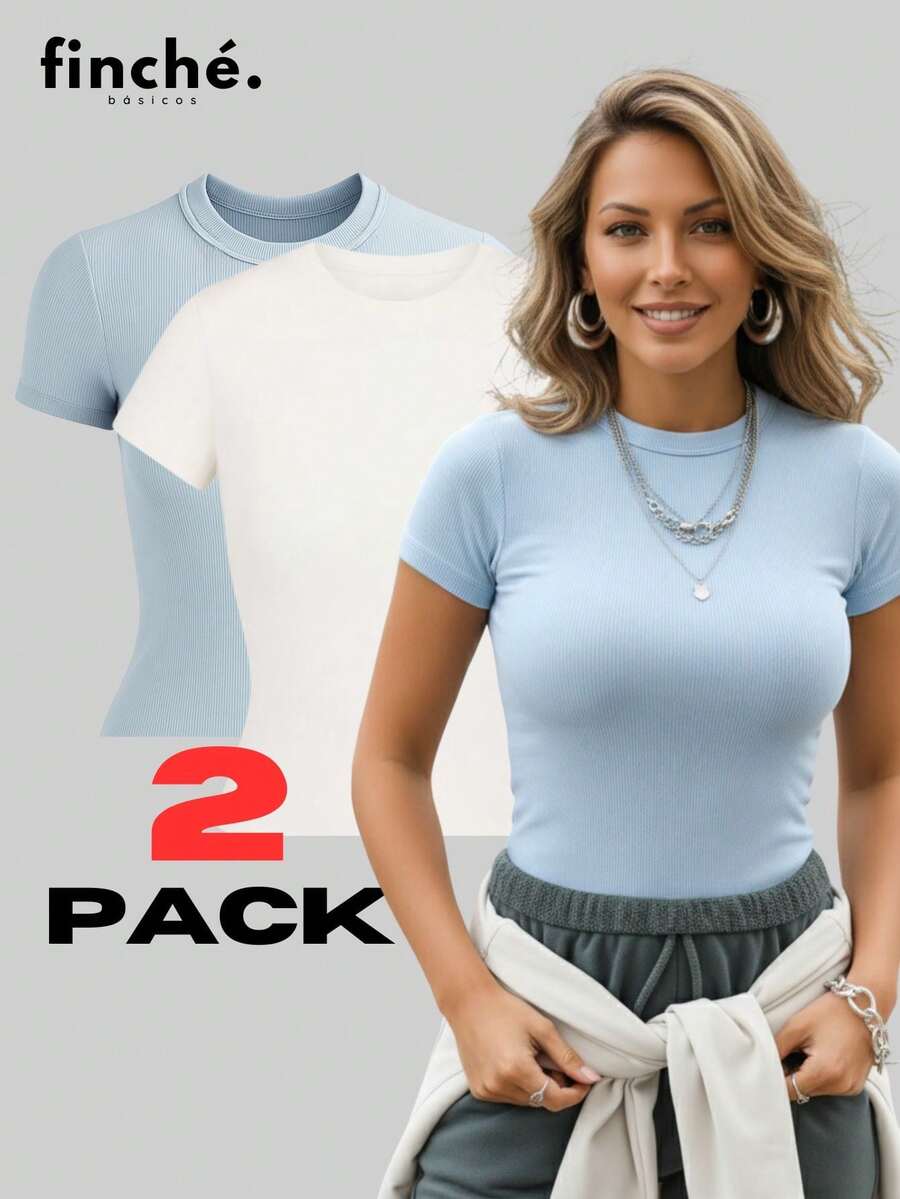 SET OF 2 Women's Short-Sleeve Baby Tee T-Shirts, Fitted, Ribbed, Basic, For Everyday Wear, Work, Travel - White and Blue - View 1