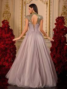 Vestido de Festa Longo de Tule com Lantejoulas Rosa Antigo de Gola Alta para Mulheres com Fenda, Vestido de Formatura Elegante, Vestido de Baile Longo Brilhante, Vestido de Gala, Roupa de Tapete Vermelho, Vestido Longo Estilo A-Line, Vestido de Convidada de Casamento, Vestido de Concurso, Roupa de Evento Formal, Vestido de Formatura, Vestido de Madrinha, Vestido de Tule para Ocasiões Especiais