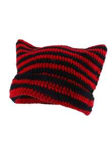 1 件女士手工条纹针织猫耳设计帽子，韩国 Y2k 风格街头潮流帽子可爱冬季秋季