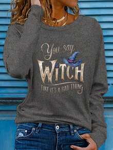 Women's Halloween Witch Letter Print 'Nightmare Before Christmas' Casual Crew Neck Long Sleeve T-Shirt Unisex Fashion Design Sports Comfort Soft Fabric Daily Casual Spring Autumn New Home Daily - Dark Grey - View 8