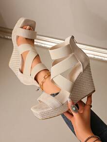 Women's Crisscross-Strap Wedge Sandals, Elegant Platform Espadrille High Heels, Summer Beach Vacation Shoes - Màu be - Xem 3