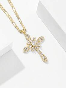 1 pieza Collar con colgante de cruz incrustado de circonita de estilo europeo y americano, adecuado para Navidad, Acción de Gracias, Halloween, Día de la Madre, San Valentín, amigos, miembros de la iglesia, Primera Comunión, regalo, uso diario y festivo, oración