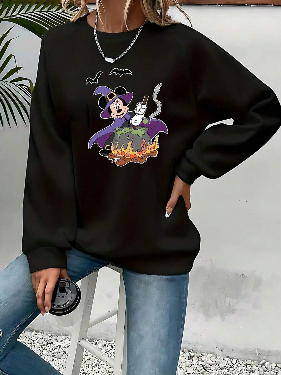 Women's Nightmare Before Christmas Sweatshirt -  & Sally Graphic Crewneck Pullover, Cozy Fall Winter Casual Sweater For Halloween & Christmas, Machine Washable (Officially Licensed), Playful Cartoon Design, Soft Comfortable Fabric For Working, Shopping, Exercising & Home Wear, Round Neck Relaxed Fit - Black - View 1