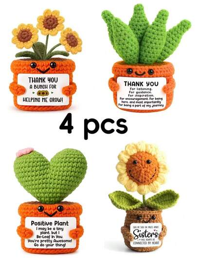 4pcs Handmade Crochet Desktop Decor Figurines, Funny Sci-Fi Character Dolls, Ideal Birthday Gift For Best Friends, Sisters, Moms, Grandmas, Coworkers, Family, Kids, Positive Emotion Support, Creative Party, Halloween, Thanksgiving, Christmas Decoration, Plush Doll For Room, Desk