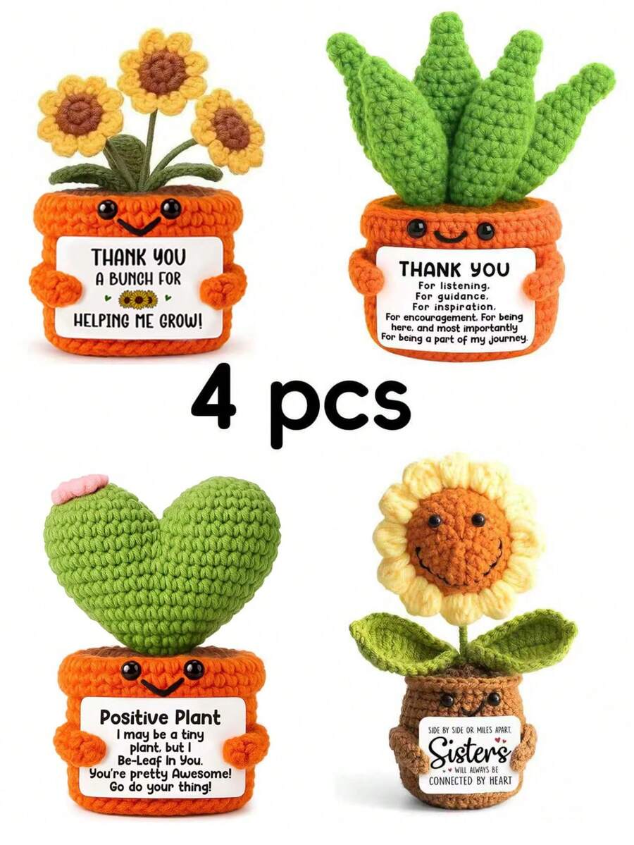 4pcs Handmade Crochet Desktop Decor Figurines, Funny Sci-Fi Character Dolls, Ideal Birthday Gift For Best Friends, Sisters, Moms, Grandmas, Coworkers, Family, Kids, Positive Emotion Support, Creative Party, Halloween, Thanksgiving, Christmas Decoration, Plush Doll For Room, Desk