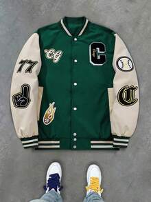 MAISONFOX Men's Color Block Letter Print Button Up Jacket,Men College Style Varsity Jacket, Vacation, Fashion, Long Sleeve Color Block Baseball Jacket - Army Green - View 5
