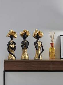 Easegen Home 1 Piece Hand-Painted Resin African Lady Sculpture, Modern Gold Dress Woman Statue With Floral Headpiece, Elegant Art Figurine For Home Decoration And Gift - Gold - View 6