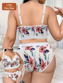 Plus Size Women Floral Print Wireless Soft & Comfortable Bra & Panty Set - White - View 2