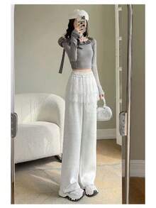 2025 Spring/Summer New Arrivals: Women's Lace Mesh Patchwork Wide Leg Pants, Loose Fit, Lazy Straight Pants, Perfect For Everyday Casual Wear, Spring/Summer Women's Fashion Bottoms - 白灰色 - 查看 2